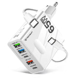 Incarcator Techsuit Premium PentaXPower (CHC1), Type-C Cable Included, 3x USB, 2x Type-C PD 25W, 65W, GaN, 1m, Alb