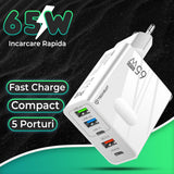 Incarcator Techsuit Premium PentaXPower (CHC1), Type-C Cable Included, 3x USB, 2x Type-C PD 25W, 65W, GaN, 1m, Negru