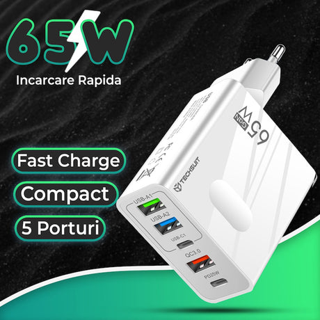 Incarcator Techsuit Premium PentaXPower (CHC1), Type-C Cable Included, 3x USB, 2x Type-C PD 25W, 65W, GaN, 1m, Negru