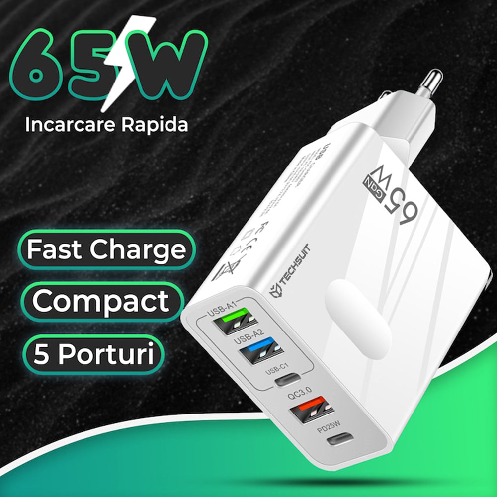 Incarcator Techsuit Premium PentaXPower (CHC1), Type-C Cable Included, 3x USB, 2x Type-C PD 25W, 65W, GaN, 1m, Alb