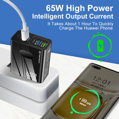 Incarcator Techsuit Premium PentaXPower (CHC1), Type-C Cable Included, 3x USB, 2x Type-C PD 25W, 65W, GaN, 1m, Alb