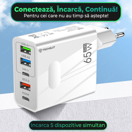 Incarcator Techsuit Premium PentaXPower (CHC1), Type-C Cable Included, 3x USB, 2x Type-C PD 25W, 65W, GaN, 1m, Alb