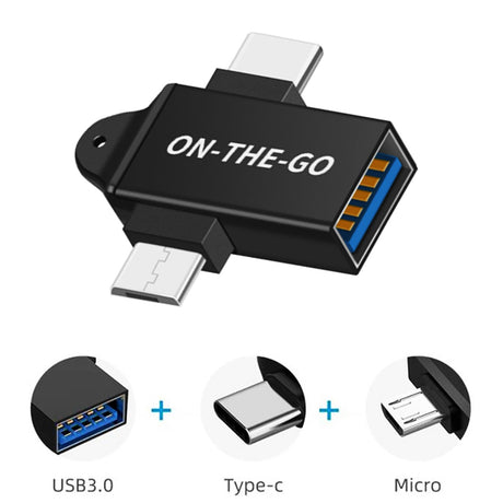Adaptor Techsuit OTG Adapter AluCoreX (A15), 3in1, USB to Micro-USB + Type-C, Plug and Play, Aluminum Alloy, Negru