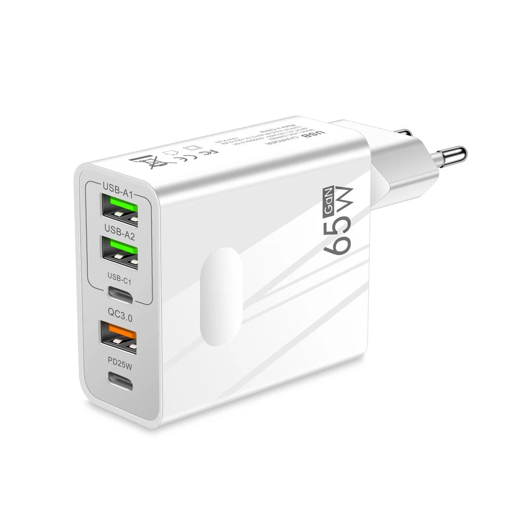 Incarcator Techsuit Premium PentaXPower (CHC1), 3x USB, 2x Type-C PD 25W, 65W, GaN, Fast Charge, Alb