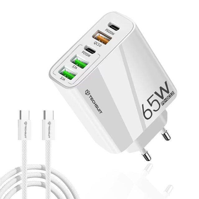 Incarcator Techsuit Premium PentaXPower (CHC2), Type-C Cable Included, 3x USB QC 3.0, 2x Type-C PD 20W, 65W, 1m, Alb