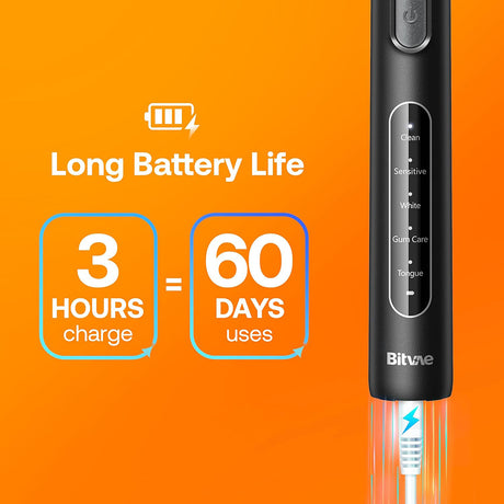 Bitvae Electric Toothbrush (BVR1), Soft, with 8 Heads, Smart Timer, Clean/Sensitive/White/Gum Care/Tongue Modes, Negru