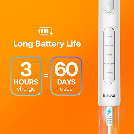 Bitvae Electric Toothbrush (BVR1), Soft, with 8 Heads, Smart Timer, Clean/Sensitive/White/Gum Care/Tongue Modes, Alb