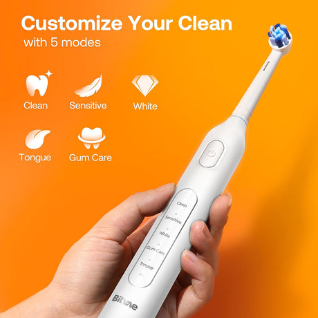 Bitvae Electric Toothbrush (BVR1), Soft, with 8 Heads, Smart Timer, Clean/Sensitive/White/Gum Care/Tongue Modes, Alb