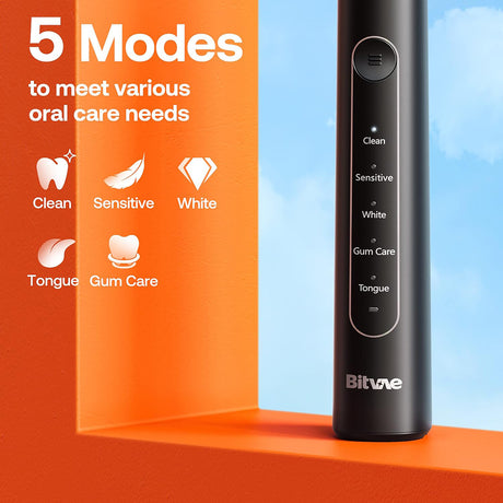 Bitvae Electric Toothbrush (BVR2), with 8 Heads, Smart Timer, Pressure Sensor, Travel Case, 5 Modes, Rechargeable, Negru