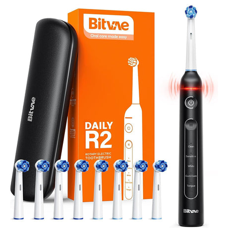 Bitvae Electric Toothbrush (BVR2), with 8 Heads, Smart Timer, Pressure Sensor, Travel Case, 5 Modes, Rechargeable, Negru