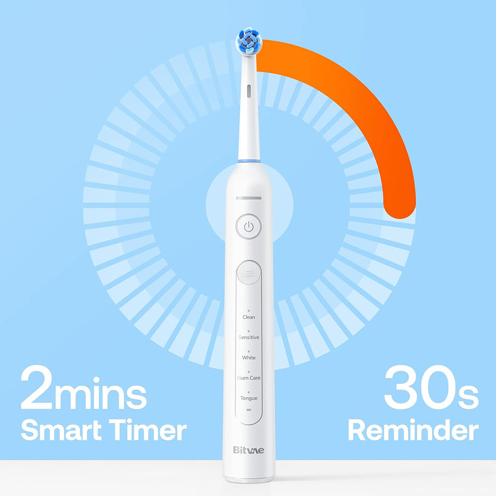 Bitvae Electric Toothbrush (BVR2), with 8 Heads, Smart Timer, Pressure Sensor, Travel Case, 5 Modes, Rechargeable, Alb