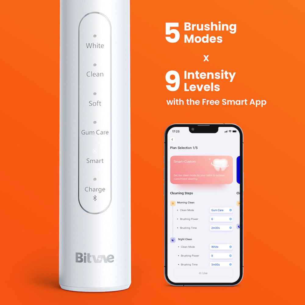 Bitvae Electric Toothbrush (S2 Smart), Ultrasonic, Soft, 8 Heads, Case, Red Light Pressure Sensor, 5Modes, 1400mAh, Negru