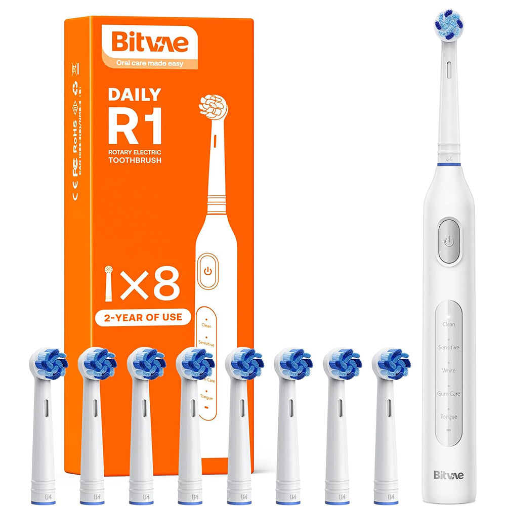 Bitvae Electric Toothbrush (BVR1), Soft, with 8 Heads, Smart Timer, Clean/Sensitive/White/Gum Care/Tongue Modes, Alb