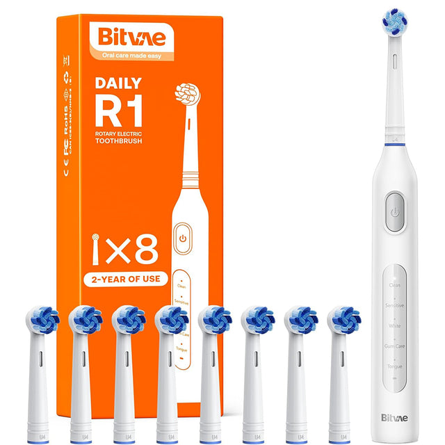 Bitvae Electric Toothbrush (BVR1), Soft, with 8 Heads, Smart Timer, Clean/Sensitive/White/Gum Care/Tongue Modes, Alb