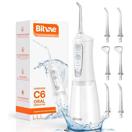 Bitvae Water Flosser (BVC6), Larger 300ml Size, with 6 Jet Tips, 3 Modes, 5 Intensities, Rechargeable, Alb