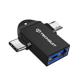 Adaptor Techsuit OTG Adapter TwoVoltX (A16), 3in1, USB to Micro-USB + Type-C, Plug and Play, Aluminum Alloy, Negru