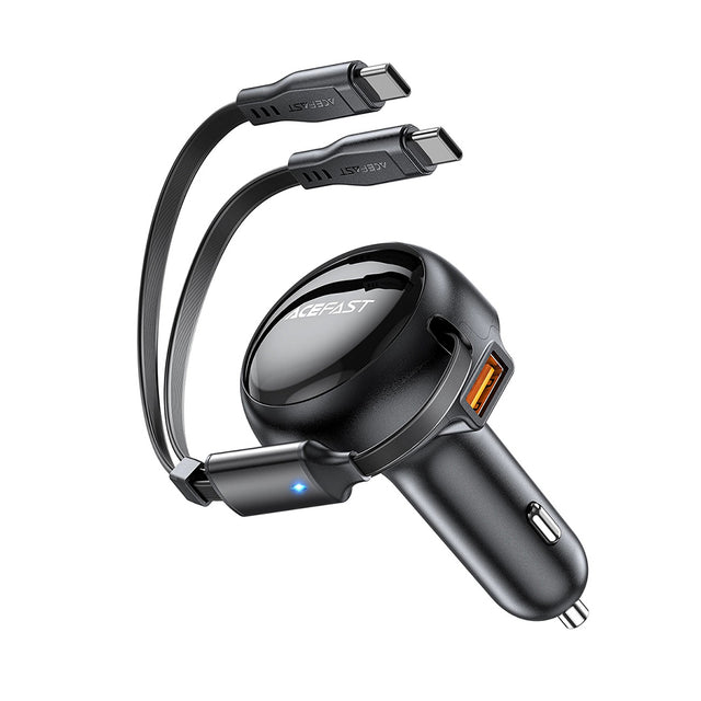 Incarcator Acefast Car (B13), with Retractable Cable, USB, 2x Type-C, 53W, 70 + 15cm, Negru