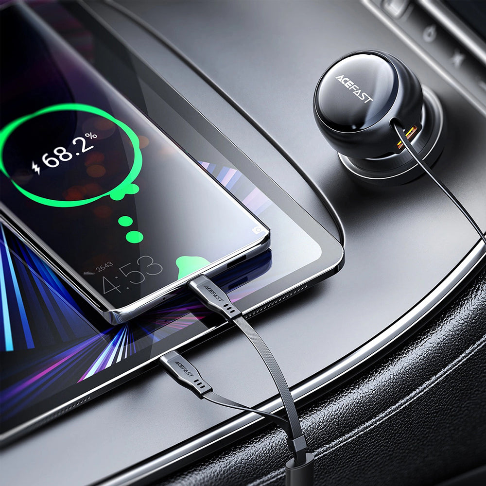 Incarcator Acefast Car (B13), with Retractable Cable, USB, 2x Type-C, 53W, 70 + 15cm, Negru