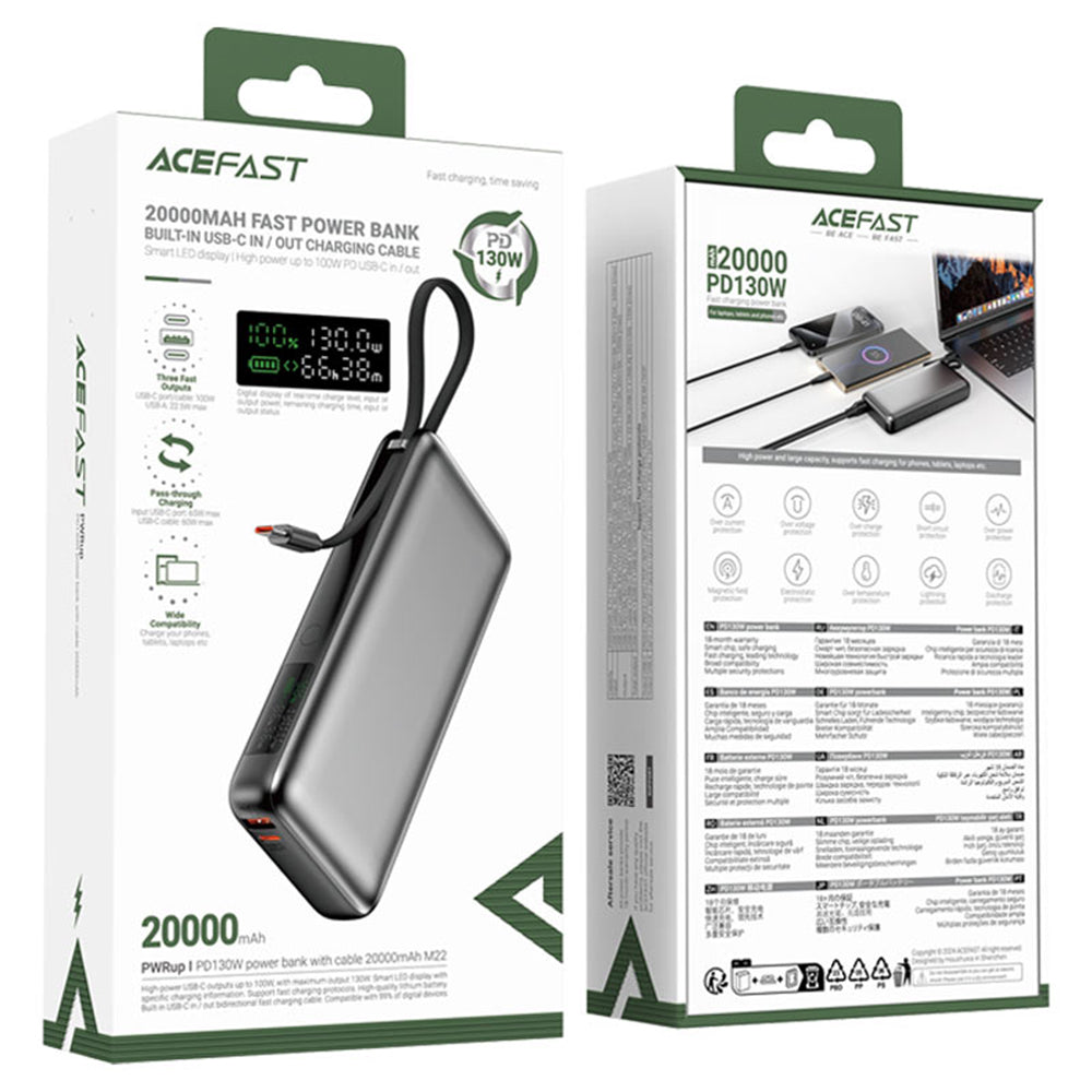 Baterie externa Acefast (M22-20000), with Cable, Type-C, 20000mAh, 74Wh, PD130W, Two-Way Fast Charging, LED Display, Negru