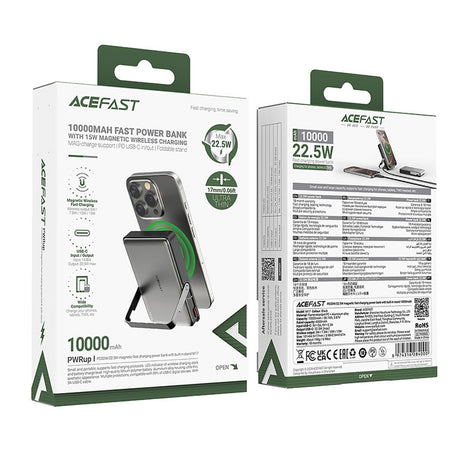 Baterie externa Acefast Magnetic Wireless (M17-10000), Foldable Stand, USB-C Port, 10000mAh, 22.5W, LED Indicator, Negru