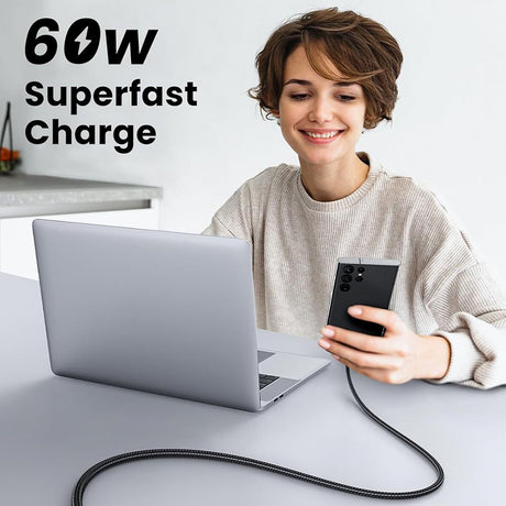 Cablu Ugreen US567 (15373), USB-C to USB-C, 3A, 60W, 1m, Nylon, Negru Gray