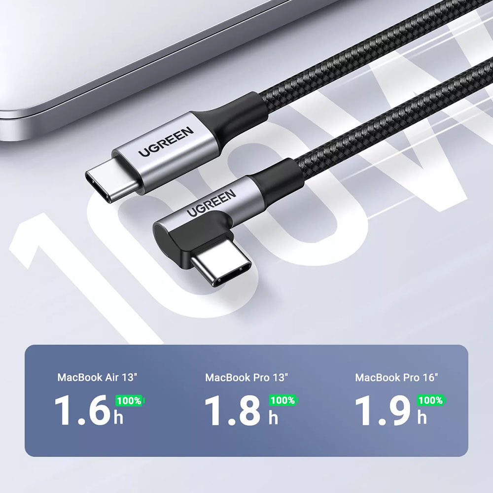 Cablu Ugreen US334 (70643), USB-C to USB-C 90 Degree Cable, Fast Charging 5A, 100W, 1m, Nylon, Gri Spatial
