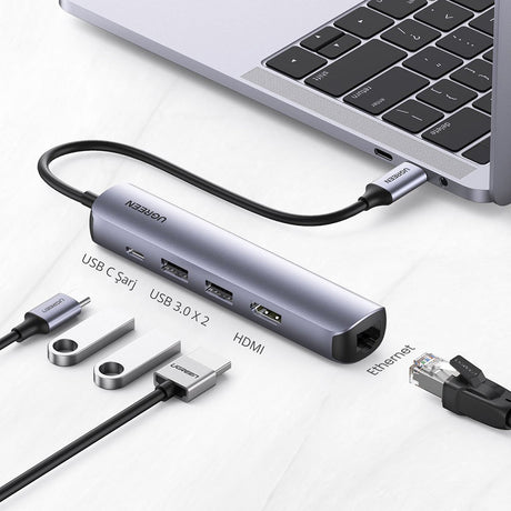 Hub/Dock Ugreen Docking Station CM418 (10919), Type-C to 2x USB3.0, HDMI 4K@60Hz, RJ45 Gigabit, Type-C PD100W, 5Gbps, Gri
