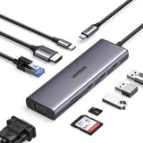 Hub/Dock Ugreen Docking Station CM498 (15600), Type-C to 3x USB3.0, HDMI 4K@30Hz, VGA, RJ45, SD/TF Card, Type-C PD100W, Gri