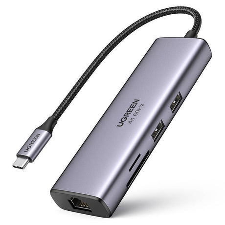 Hub/Dock Ugreen Docking Station CM512 (60515), Type-C to 2x USB, HDMI 4K, Type-C 100W, Ethernet 1Gbps, Card Reader SD, 0.2m, Gri
