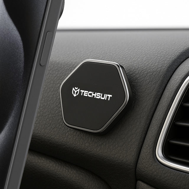 Suport Techsuit Phone Tiny Series (HOLD210-C), Dashboard Magnetic Grip, Multipurpose Use, Hexagonal, 2 Metal Plates, Negru