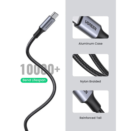 Cablu Ugreen US288 (60128), USB to Type-C, Fast Charging, 3A, 18W, 480Mbps, Nylon Braided, 2m, Gri Spatial