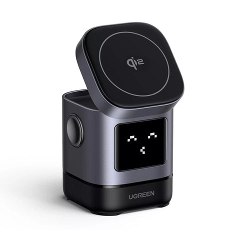 Incarcator Ugreen Wireless W709 (45775), 2in1, with Smart Display, Funny Emoji, for iPhone, AirPods, USB-C, 25W, Negru