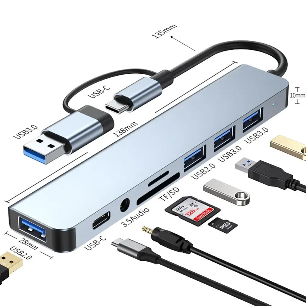 Hub/Dock Techsuit Docking Station DataBridge 8 in 1 (H9), USB, Type-C to 4x USB, Type-C, 3.5mm Jack, TF/SD Card, Gri