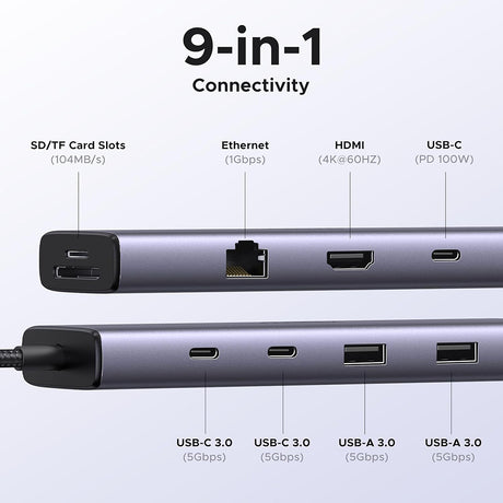 Hub Ugreen CM498 (15375), USB / Type-C / HDMI / RJ45, PD100W, Gri