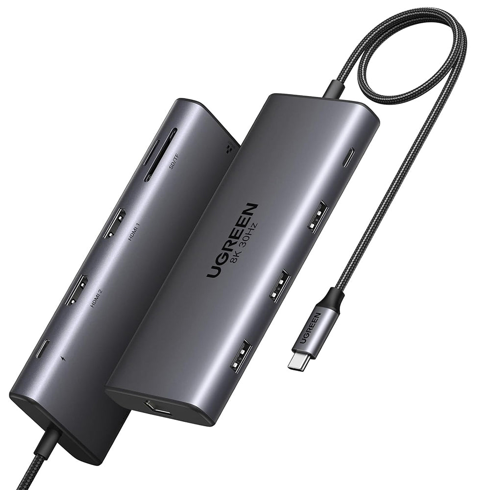 Hub Ugreen CM639 (15534), 3x USB / 2x Type-C / 2x HDMI / RJ45 / SD/TF, PD100W, Gri