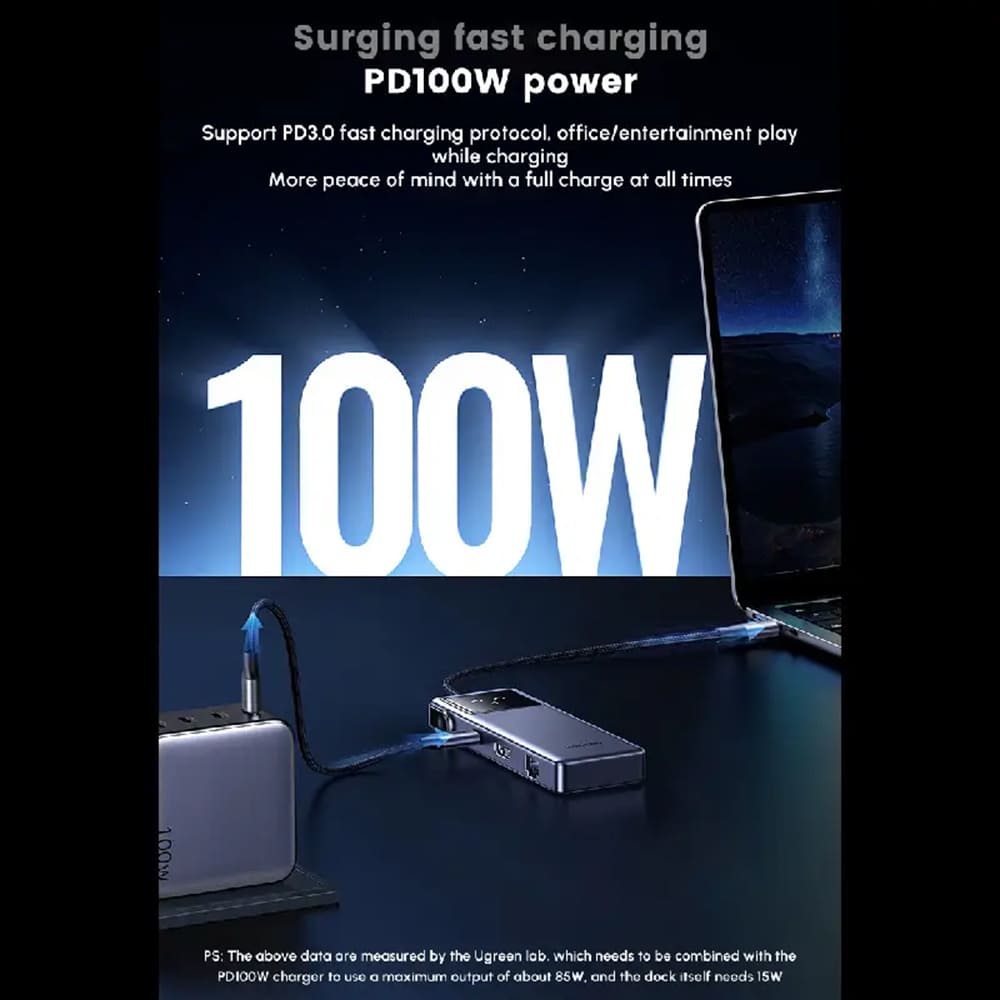 Hub/Dock Ugreen Docking Station CM888 (45155), Type-C to 2x USB3.0, 1x USB2.0, 2x Type-C, 1x HDMI 4K, 1x RJ45 1000Mbps, PD100W, Gri