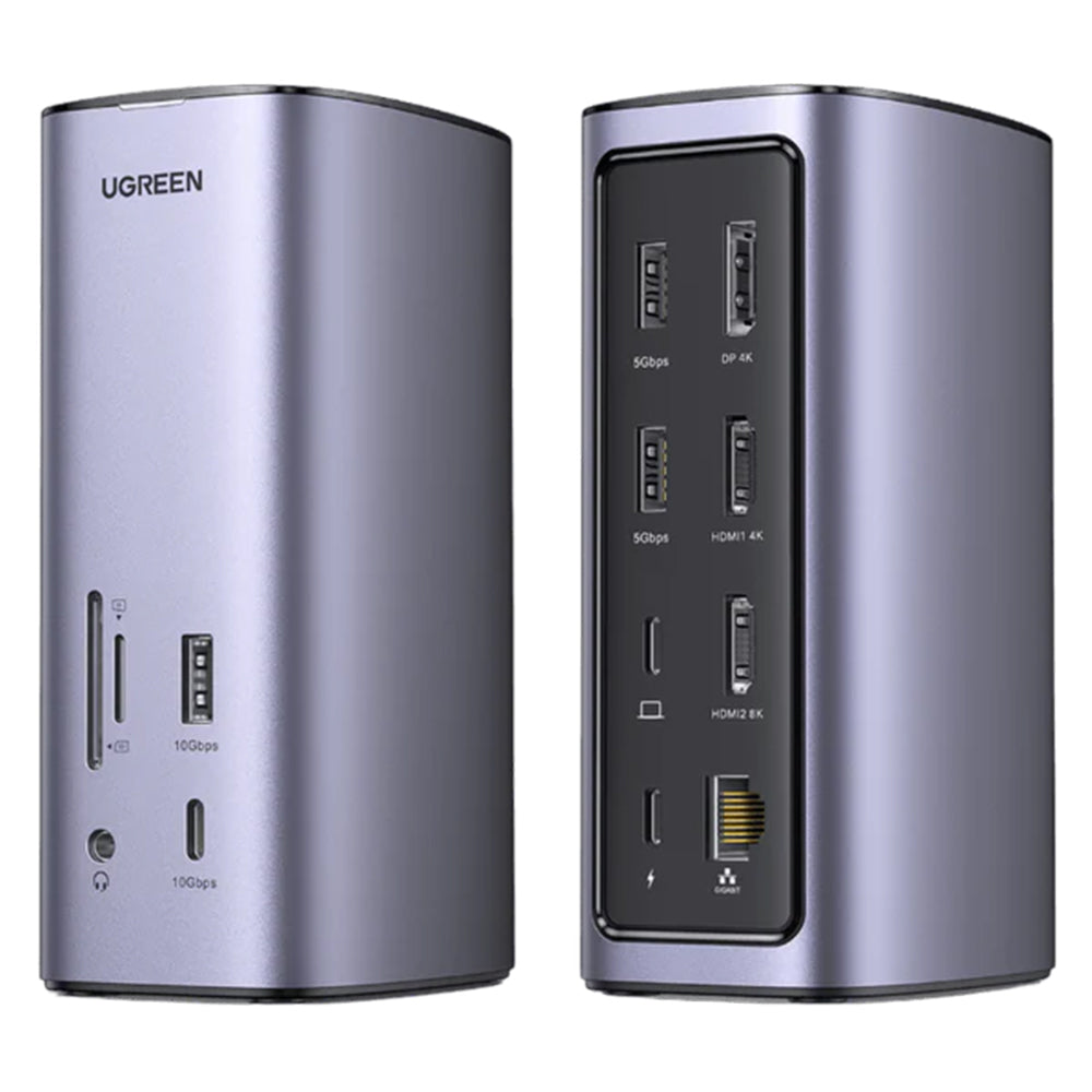 Hub/Dock Ugreen Docking Station Pro CM555 (90325), 2x USB-C, 3x USB, SD/TF Slots, 2x HDMI, DP, RJ45, 3.5mm, PD100W, 8K@30Hz, Gri