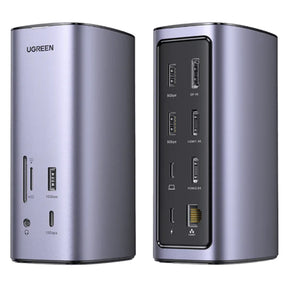 Hub/Dock Ugreen Docking Station Pro CM555 (90325), 2x USB-C, 3x USB, SD/TF Slots, 2x HDMI, DP, RJ45, 3.5mm, PD100W, 8K@30Hz, Gri