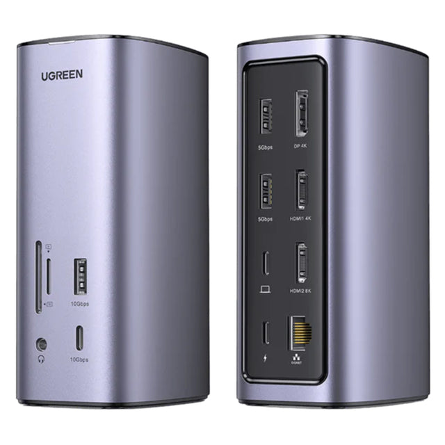Hub/Dock Ugreen Docking Station Pro CM555 (90325), 2x USB-C, 3x USB, SD/TF Slots, 2x HDMI, DP, RJ45, 3.5mm, PD100W, 8K@30Hz, Gri