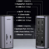 Hub/Dock Ugreen Docking Station Pro CM555 (90325), 2x USB-C, 3x USB, SD/TF Slots, 2x HDMI, DP, RJ45, 3.5mm, PD100W, 8K@30Hz, Gri
