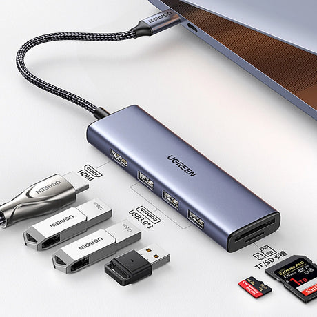 Hub/Dock Ugreen Docking Station CM511 (20956A), Type-C to 3x USB3.0, HDMI 4K, 5Gbps, Card reader SD/TF, 104MB/s, Gri