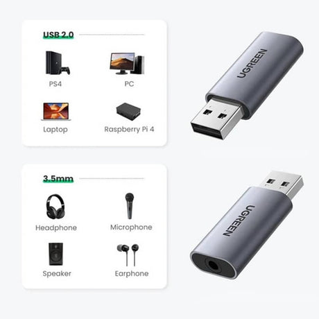 Adaptor Ugreen Audio Adapter CM383 (80864), USB to Jack 3.5mm, Stereo, Plug & Play, Supports Listening & Speaking, Gri