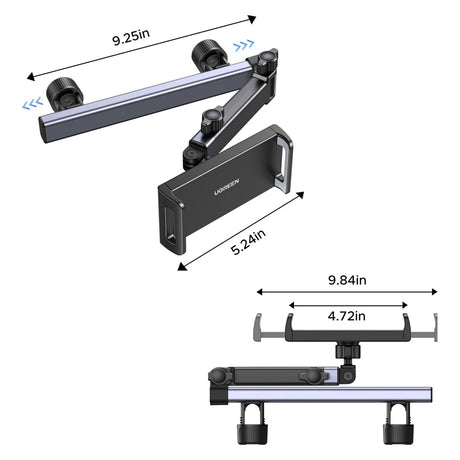 Suport Ugreen LP904 (55443), for Headrest, Dual Telescopic Arm, 360° Rotation, for Phone, Tablet up to 9.84", Negru