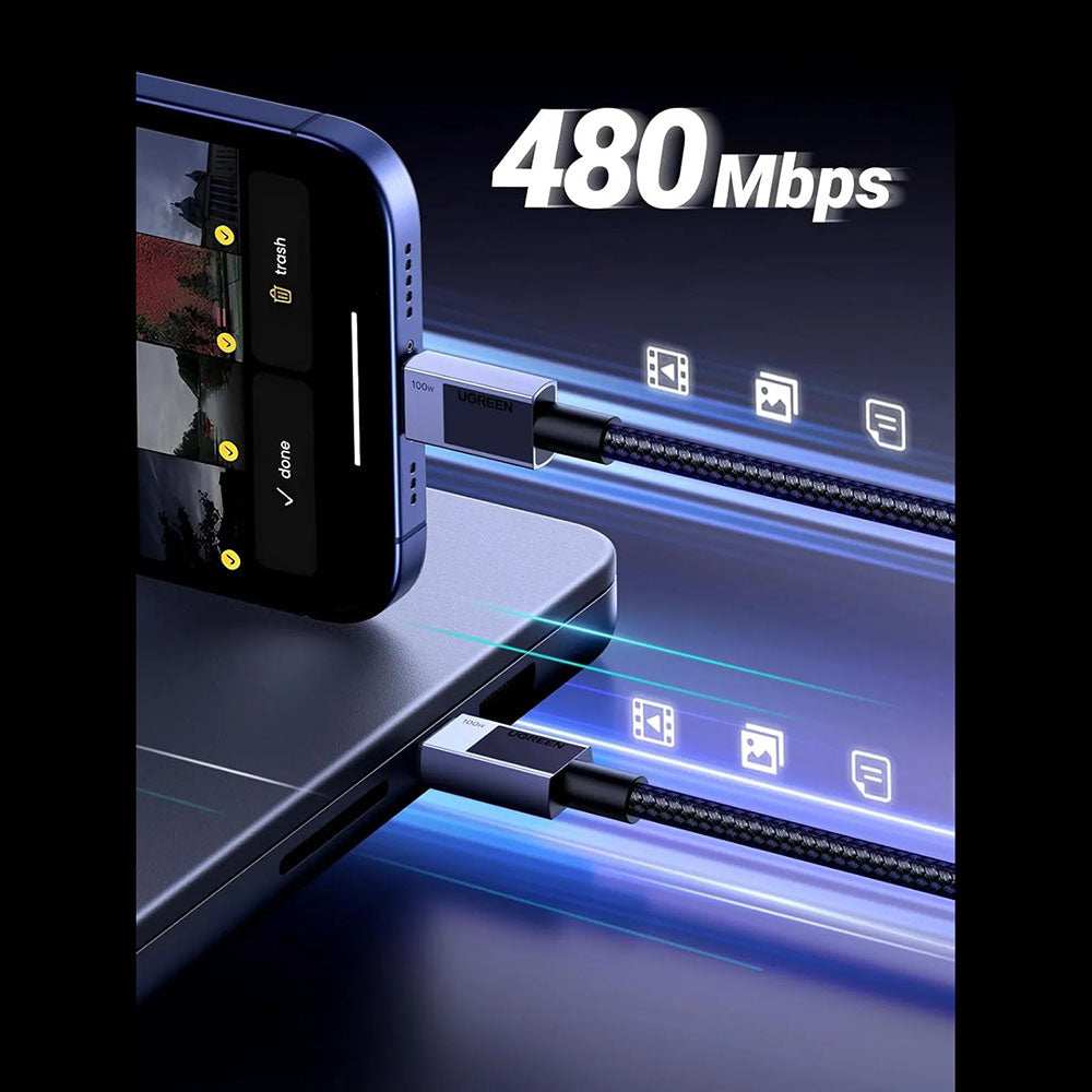 Cablu Ugreen L512 (45065), USB-C to Type-C, Fast Charging, PD100W, 5A, 480Mbps, 3m, Gri Spatial