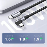 Ugreen Cablu Ugreen US334 (70645), USB-C to USB-C 90 Degree Cable, Fast Charging, 100W, 5A, 2m, Nylon, Gri Spatial – ima