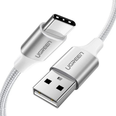 Cablu Ugreen US288 (60133), USB to Type-C, Fast Charging, 3A, 18W, 480Mbps, Nylon Braided, 2m, Argintiu Y White