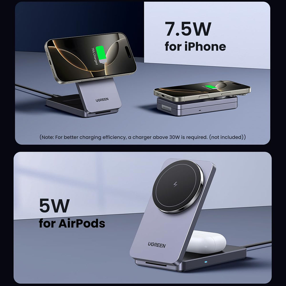 Incarcator Ugreen Wireless W528 (45056), 2in1, MagSafe, for iPhone, AirPods, Compact Foldable Design, 15W, 3A, Negru