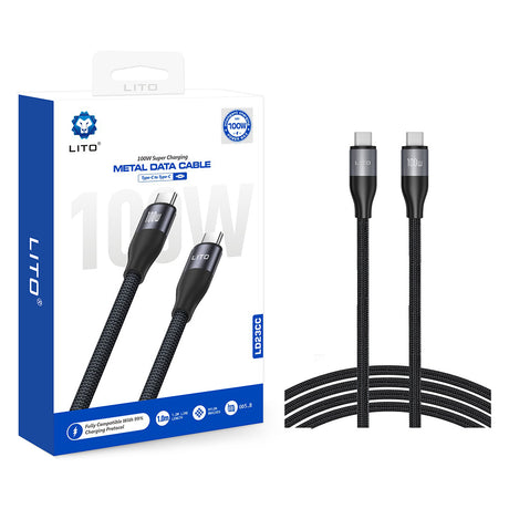 Cablu Lito (LD23CC), Type-C to Type-C, Fast Charging, Braided Nylon, 100W, 480Mbps, 1m, Gri