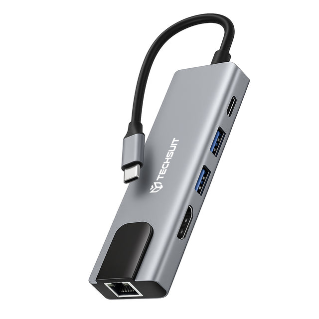Hub/Dock Techsuit Docking Station NetBridge 5 in 1 (H1), Type-C to 1x USB2.0, 1x USB3.0, 1x Type-C, 1x HDMI, 1x RJ45, PD87W, 4K@30Hz, Gri