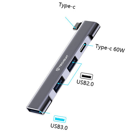 Hub/Dock Techsuit Docking Station ZenithDock 4 in 1 (H12), USB-C to 2x USB 2.0, 1x USB 3.0, 1x Type-C, 60W, Gri